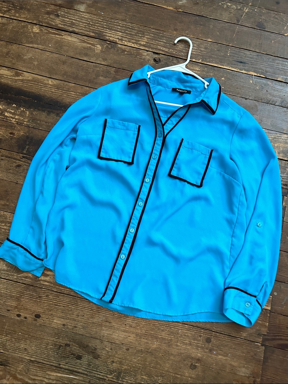 Relativity Bright Bold Teal Blouse with Black Trim